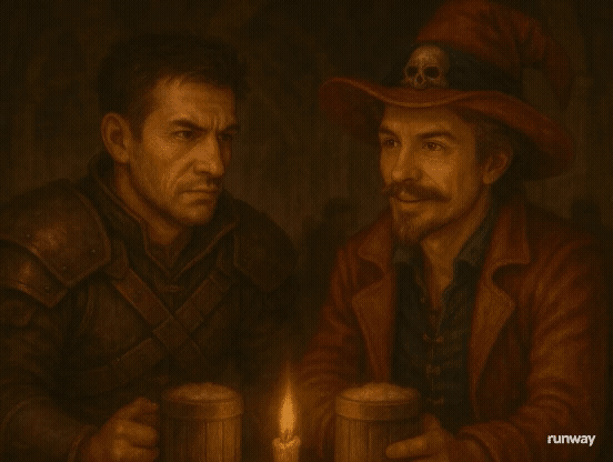 Gen-4 Turbo the two subjects a rouge and a wizard are sitting in a tavern talking about a quest 305162932.mp4.gif